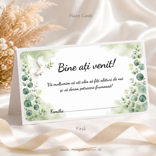 Set 25 plicuri de bani botez cu porumbel alb și ramuri de eucalipt, verde salvie, față cu „Bine ați venit!”, mesaj de mulțumire și rândul Familia, Place Cards 20030