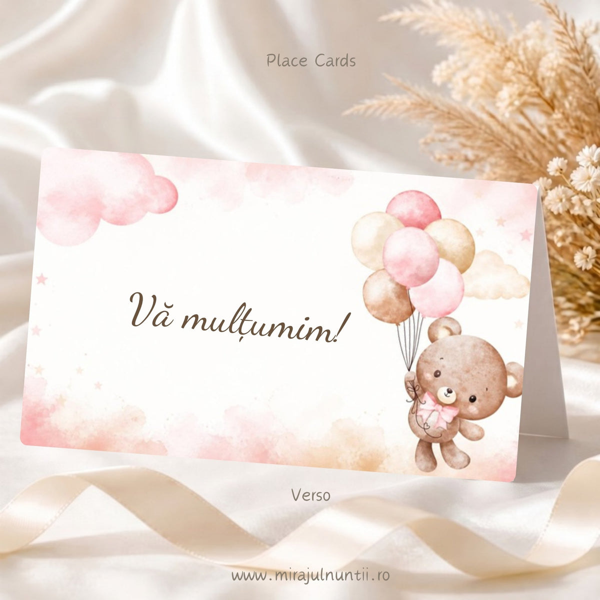 Set 25 plicuri de bani botez cu ursuleț cu baloane roz pudrat, spate cu „Vă mulțumim!”, Place Cards 20023