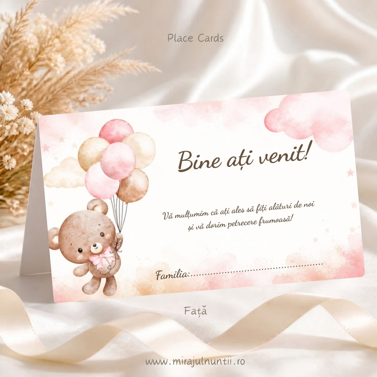 Set 25 plicuri de bani botez cu ursuleț cu baloane roz pudrat și nori, față cu „Bine ați venit!”, mesaj de mulțumire și rândul Familia, Place Cards 20023