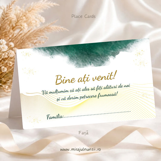 Plic de bani pentru nuntă, Set 25 buc., cod Magnific C.1-10001, Acuarelă Verde și Accente Aurii, Verde Smarald, cu mesajul „Bine ați venit!” și spațiu pentru „Familia:”, vedere din față.