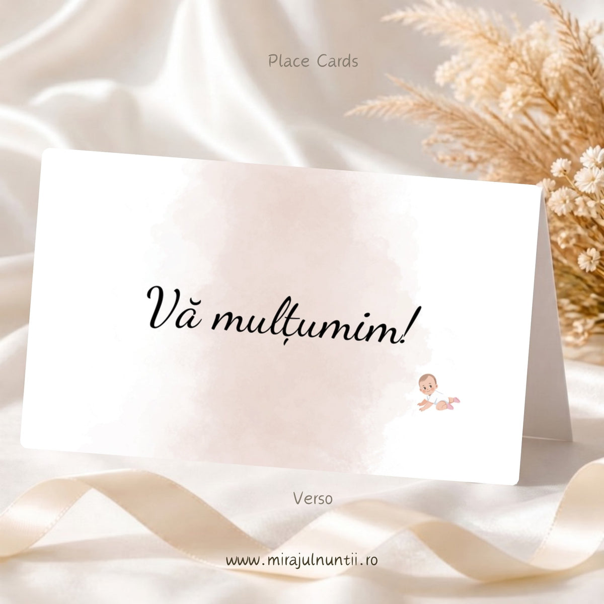 Set 25 plicuri de bani nuntă și botez Place Cards 20421, verso: Vă mulțumim! pe nor de acuarelă roz pudră, cu bebeluș mic în dreapta jos, carton alb