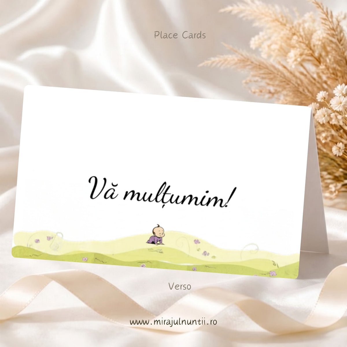 Set 25 plicuri de bani Place Cards 20371, spatele: Vă mulțumim! pe carton alb și bebelușul în body lila pe iarba verde-fistic