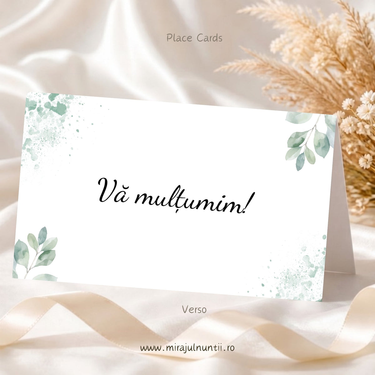 Set 25 plicuri de bani nuntă C.48, spatele: mesajul „Vă mulțumim!”, crenguțe de eucalipt și stropi de acuarelă verde pe fond alb