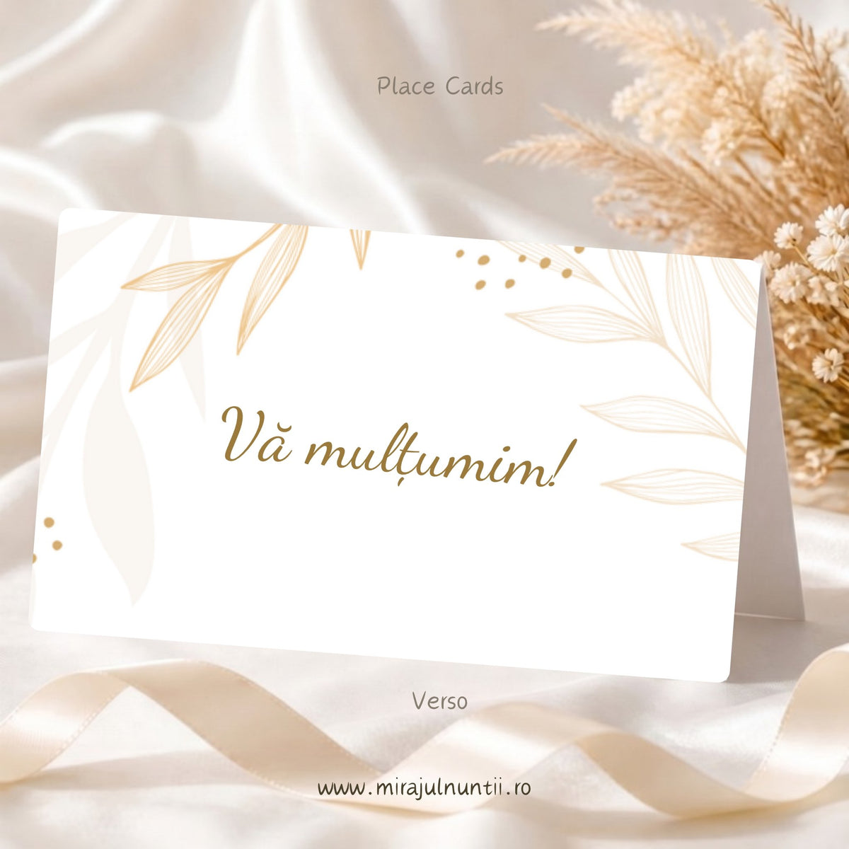 Set 25 plicuri de bani nuntă C.55, spate: Vă mulțumim! în auriu-măsliniu, cu frunze aurii desenate și buline aurii