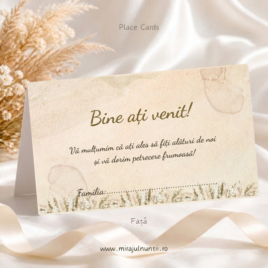 Set 25 plicuri de bani nuntă C.54, fața: „Bine ați venit!” și mesajul de mulțumire, pe marmură crem cu iarbă de pampas jos