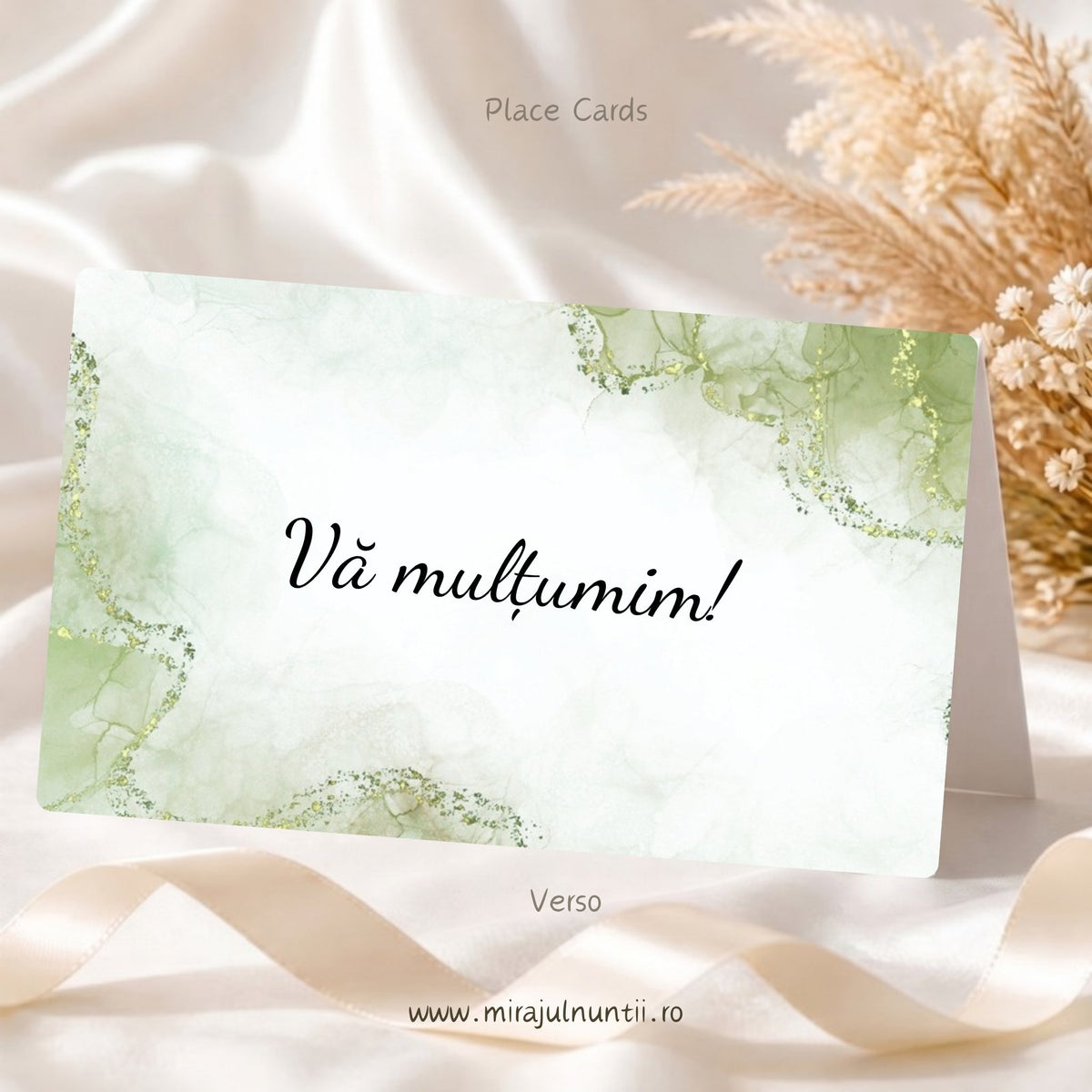 Set 25 plicuri de bani nuntă C.41, spatele: marmură verde olive cu linii aurii în colțuri și mesajul „Vă mulțumim!” tipărit cu litere caligrafice