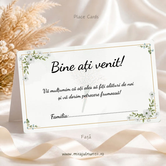 Set 25 plicuri de bani nuntă C.10, fața: „Bine ați venit!” și mesajul de mulțumire, rând „Familia: ...” de completat de mână, flori albe cu frunze verzi, floricele albastre și ramă aurie fină pe fond verde salvie pal