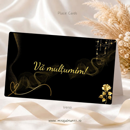 Set 25 plicuri de bani nuntă C.51, spatele: „Vă mulțumim!” în auriu, trandafir auriu, flori aurii atârnate, fum și sclipici auriu pe fond negru