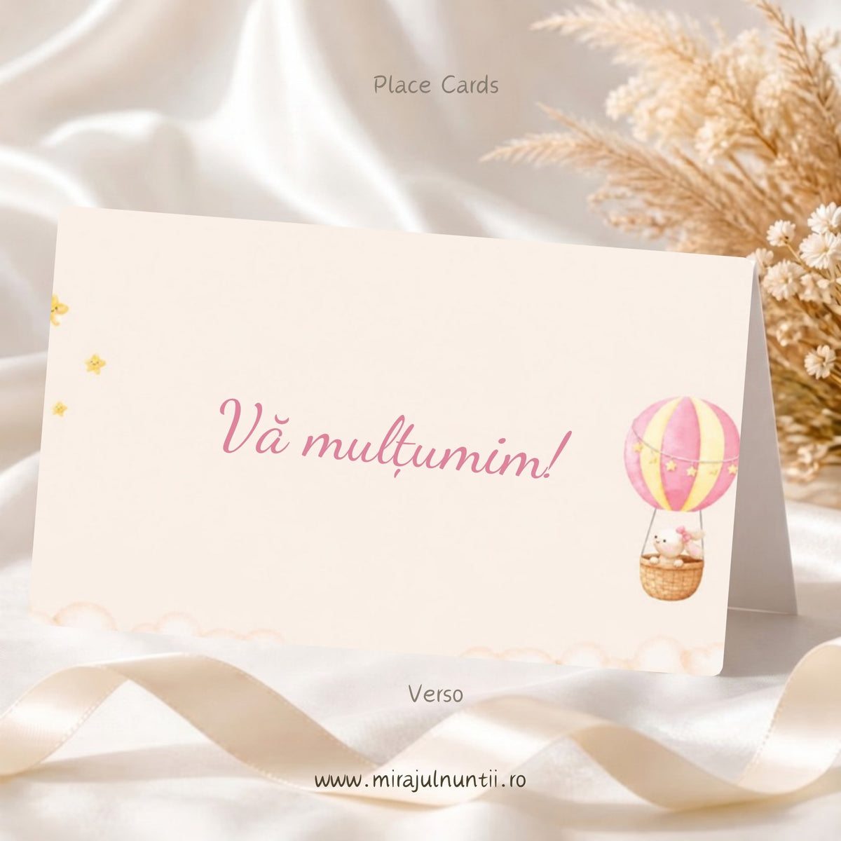 Set de 50 plicuri de bani botez, spate cu „Vă mulțumim!”, balon cu aer cald mic, steluțe galbene și nori – Place Cards 20004