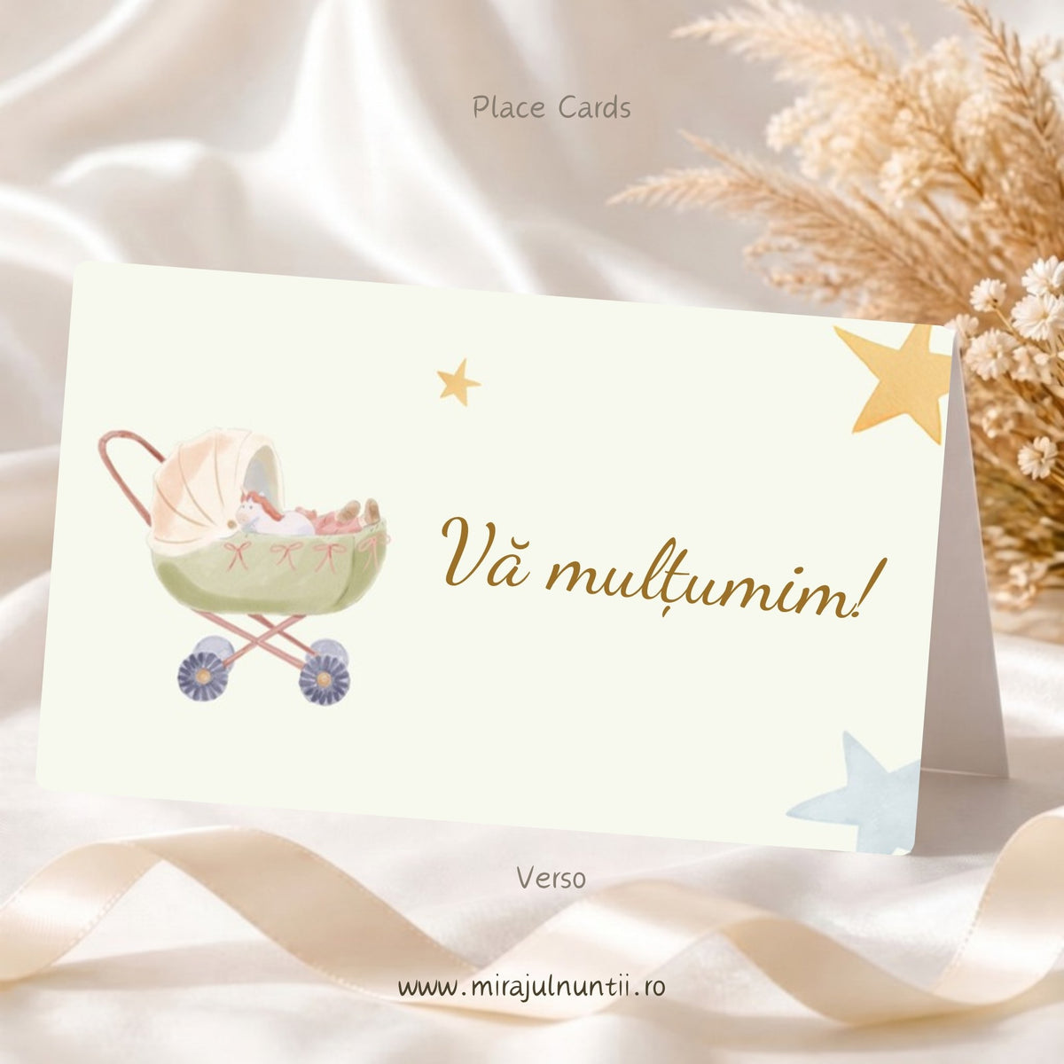 Spatele plicului de bani botez din setul de 50 buc. cu „Vă mulțumim!” auriu, cărucior și steluțe aurii și bleu, Place Cards 20007