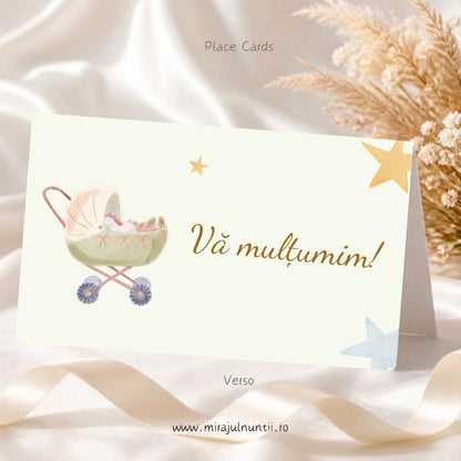 Spatele plicului de bani botez din setul de 50 buc. cu „Vă mulțumim!” auriu, cărucior și steluțe aurii și bleu, Place Cards 20007