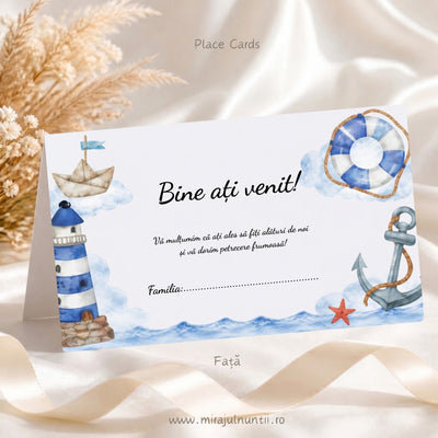 Plic de bani botez din setul de 50 buc. Place Cards 20025, fața cu Bine ați venit!, far, bărcuță, colac de salvare și ancoră