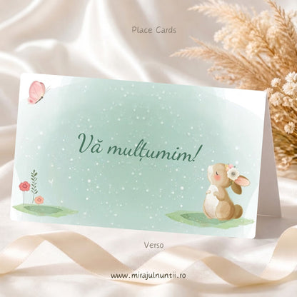 Verso plic de bani din setul de 50 buc. B. 6036 cu „Vă mulțumim!”, iepuraș în acuarelă și fluturaș roz pe fond verde mentă