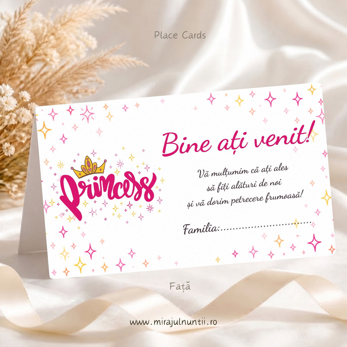 Set 50 plicuri de bani botez, fața: inscripția Princess cu coroniță aurie, Bine ați venit!, mesaj de mulțumire și rândul Familia, pe fond alb cu steluțe, cod B. 6017
