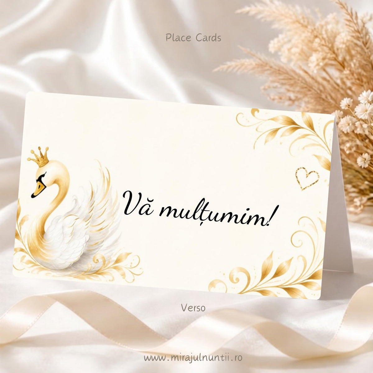 Set 50 plicuri de bani botez lebădă cu coroniță, Place Cards 20017 – verso cu mesajul Vă mulțumim!