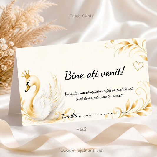 Set 50 plicuri de bani botez cu lebădă cu coroniță și frunze aurii, alb și auriu, Place Cards 20017 – fața cu Bine ați venit!, mesajul de mulțumire și rândul Familia