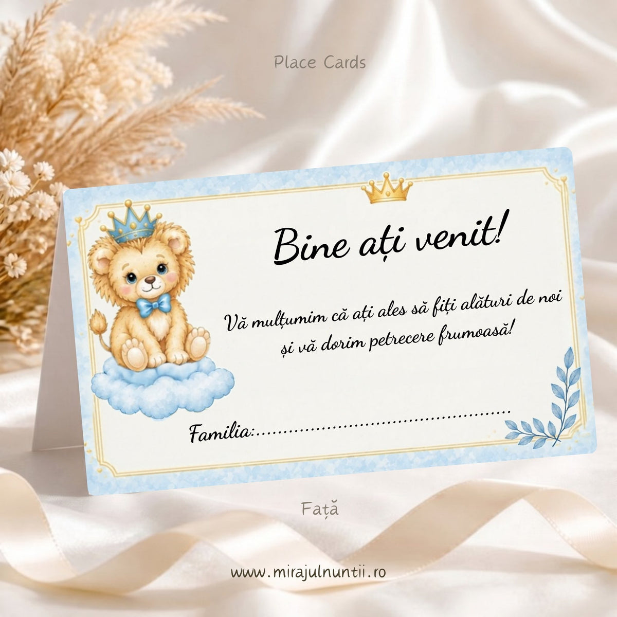 Set 50 plicuri de bani botez B.38, fața: mesajul „Bine ați venit!”, urarea de mulțumire și rândul „Familia:” de completat de mână, leuț cu coroniță bleu și papion pe un nor, coroniță aurie și crenguță bleu pe fond crem