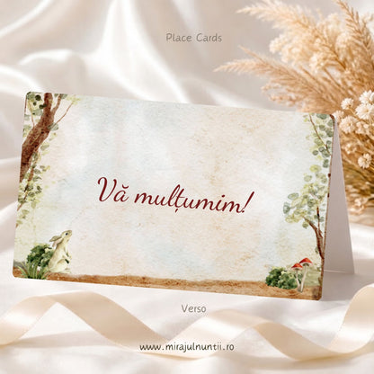 Set 50 plicuri de bani botez Place Cards 20010, spate cu textul Vă mulțumim!, copaci de pădure în acuarelă pe margini, iepuraș și ciuperci