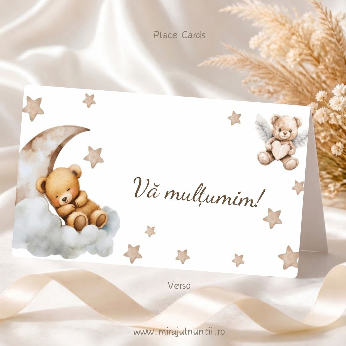 Set 50 plicuri de bani botez cu ursuleț pe semilună și steluțe bej, spate cu „Vă mulțumim!”, Place Cards 20022