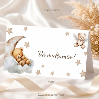 Set 50 plicuri de bani botez cu ursuleț pe semilună și steluțe bej, spate cu „Vă mulțumim!”, Place Cards 20022
