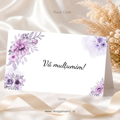 Set 50 plicuri de bani nuntă C.38, spatele: mesajul „Vă mulțumim!” scris caligrafic, cu flori și trandafiri lila și mov în acuarelă în colțuri