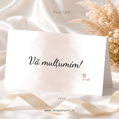 Set 50 plicuri de bani nuntă și botez Place Cards 20421, verso: Vă mulțumim! pe nor de acuarelă roz pudră, cu bebeluș mic în dreapta jos, carton alb