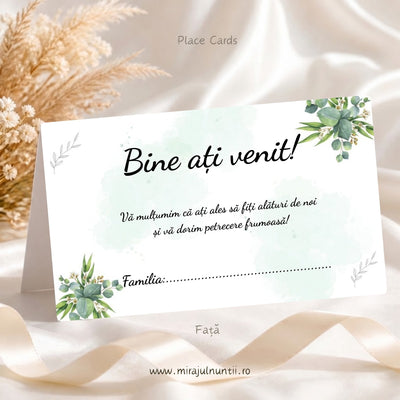 Set 50 plicuri de bani nuntă C.25, fața: „Bine ați venit!”, mesajul de mulțumire și rândul „Familia:”, eucalipt în acuarelă în colțuri, pe fond alb cu acuarelă verde mentă