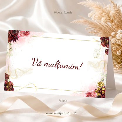 Set 50 plicuri de bani nuntă C.50, spatele: mesajul „Vă mulțumim!” în bordo, trandafiri bordo și roz în colțuri, ramă aurie