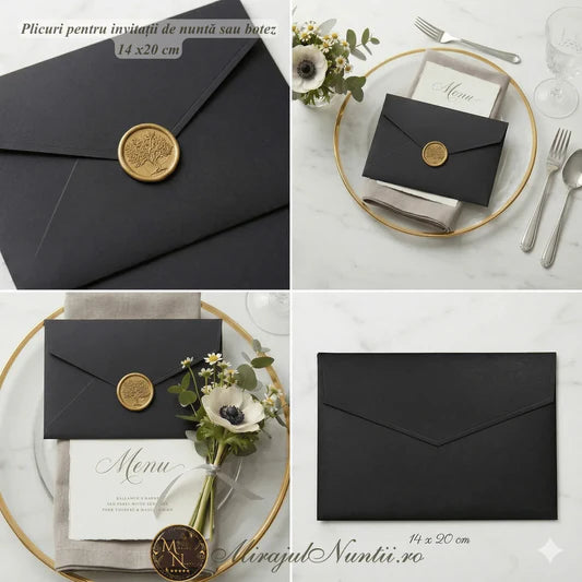Plic de lux negru mat de 160g, format 14x20 cm, sigilat cu ceară aurie și prezentat pe un decor de masă elegant cu flori albe.