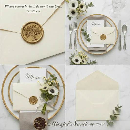 Set de 50 plicuri crem mat pentru invitații de nuntă sau botez, dimensiune 14x20 cm, decorate cu sigiliu auriu și flori albe.