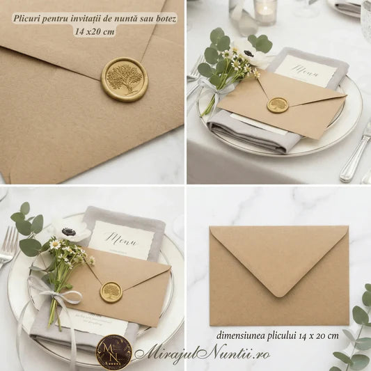 Set de 50 plicuri premium din hârtie kraft maro, dimensiune 14x20 cm, stil rustic pentru invitații de nuntă sau botez.