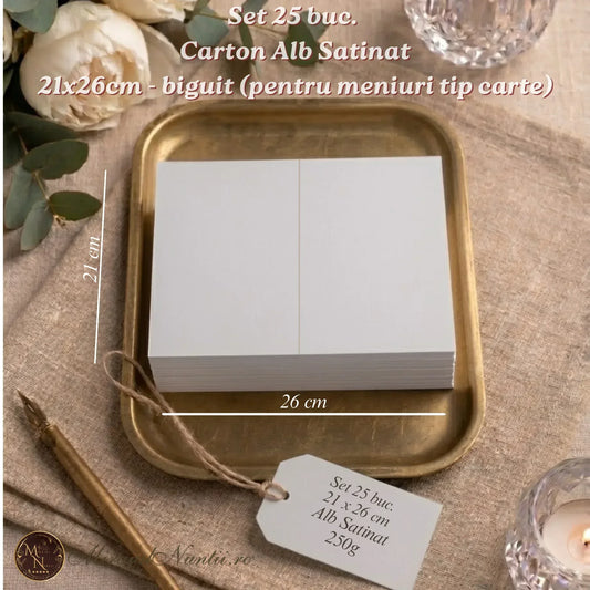 Set 25 bucăți carton alb satinat 250g, format 21x26 cm, biguit pentru meniuri de nuntă tip carte, produs Mirajul Nunții.