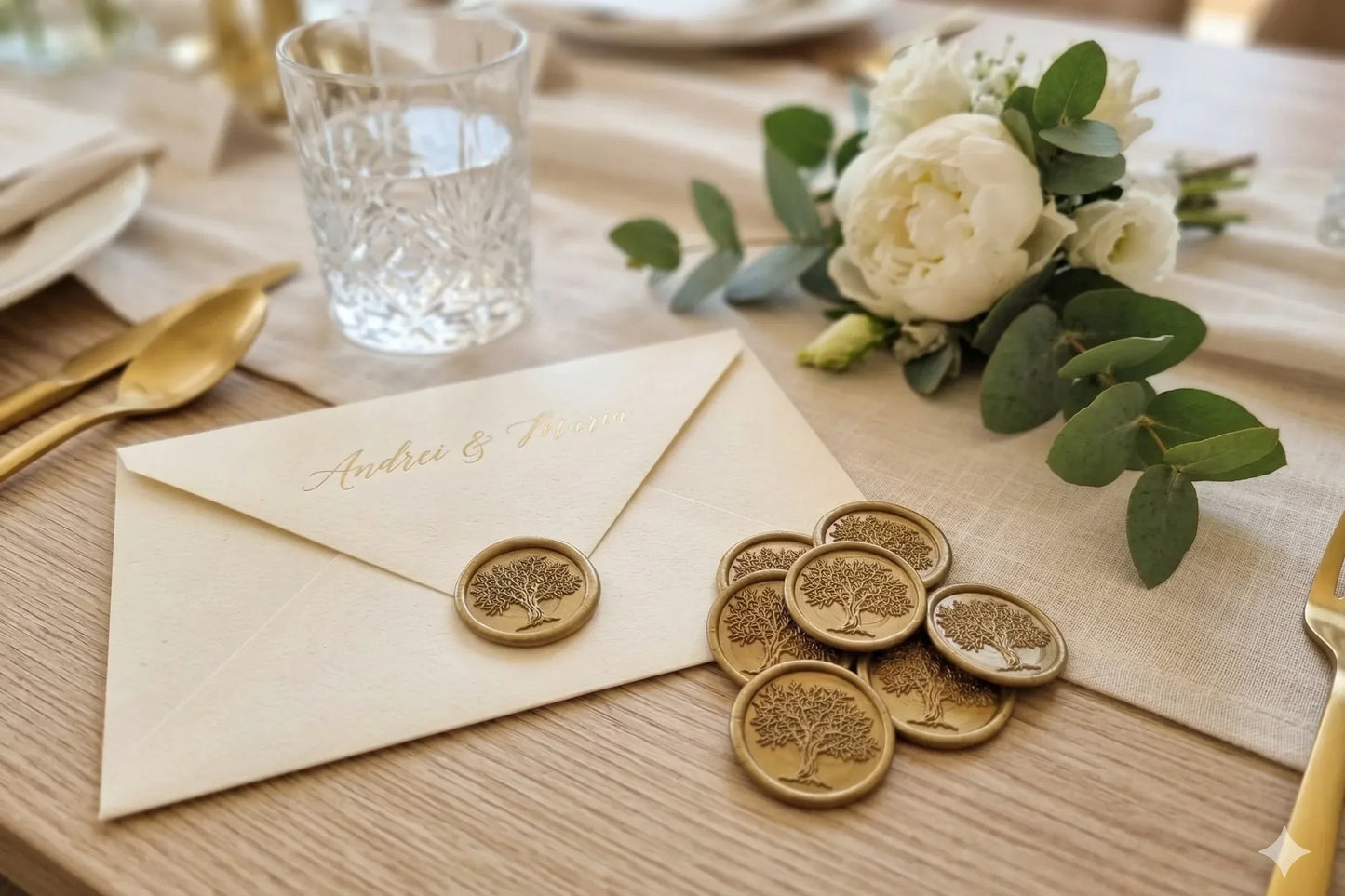 Set de sigilii din ceară aurie premium cu model Copacul Vieții, autoadezive pentru invitații de nuntă elegante.