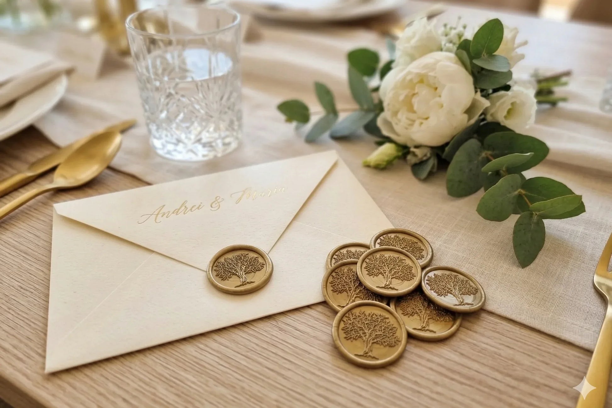 Set de sigilii din ceară aurie premium cu model Copacul Vieții, autoadezive pentru invitații de nuntă elegante.