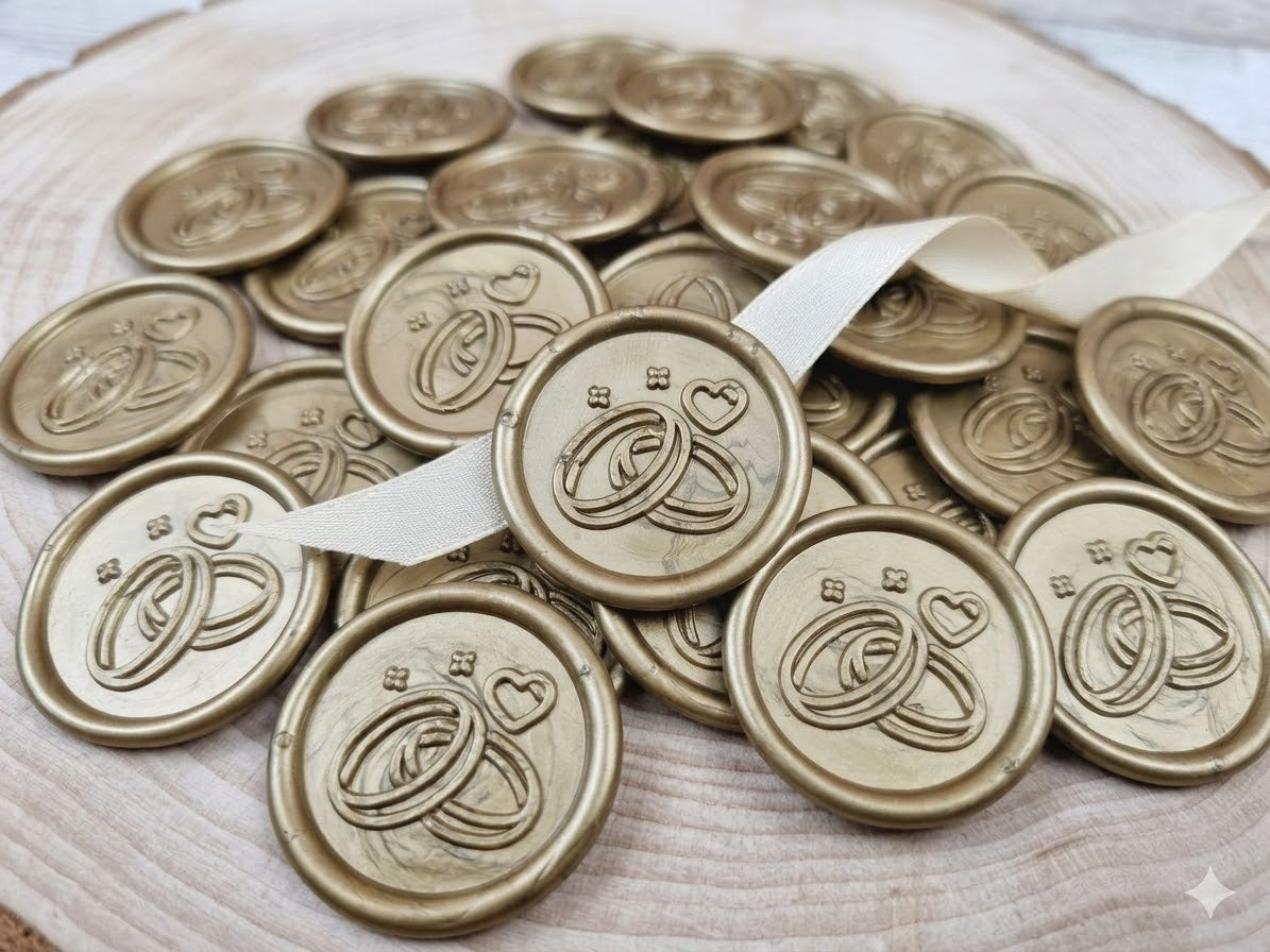 Detaliu sigiliu din ceară auriu cu model verighete aplicat pe un plic de nuntă elegant, alături de accesorii de papetărie premium de la Mirajul Nunții.1