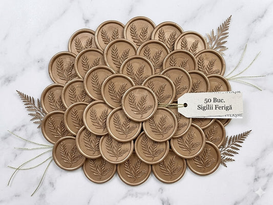 Set 50 buc. Sigilii din Ceară Naturală Autoadezive, Auriu Crenguță, pentru Invitații Nuntă și Botez
